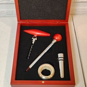 4 Piece Wine Accessories Kit Cherry Wood Colored Box Gift Christmas, Anniversary